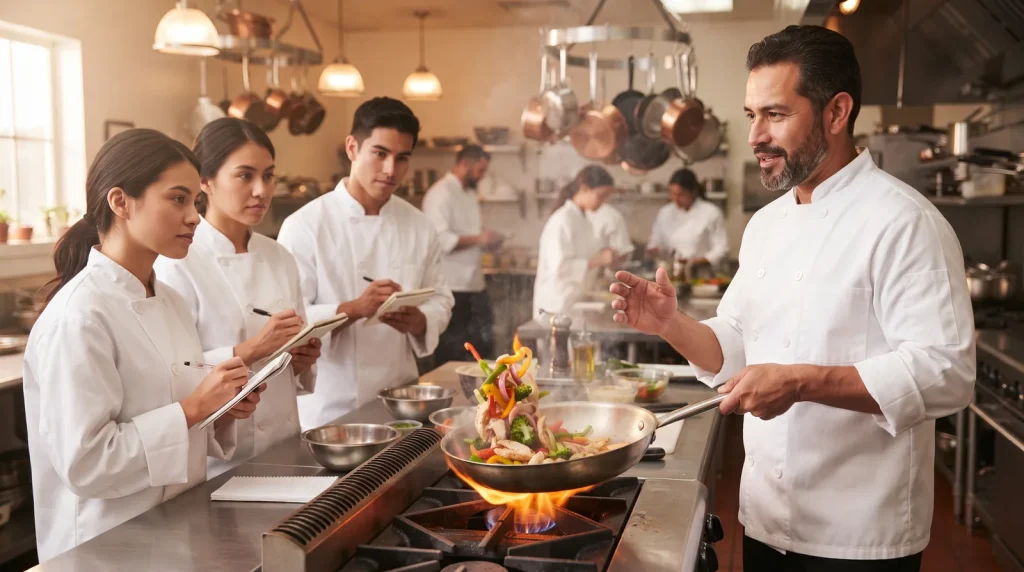 Chef instructor demonstrating a sauté technique to a small group of students