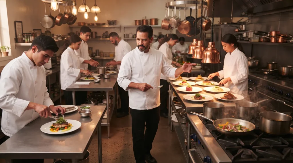Head chef leading the kitchen brigade during service