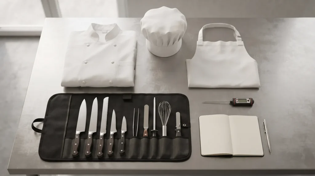 Filipina, gorro, mandil y cuchillos del equipo de un estudiante de gastronomía