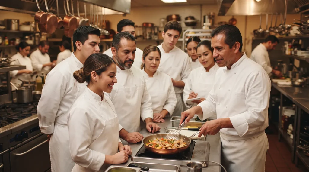 Estudiantes de gastronomía de distintas edades en clase con un chef instructor