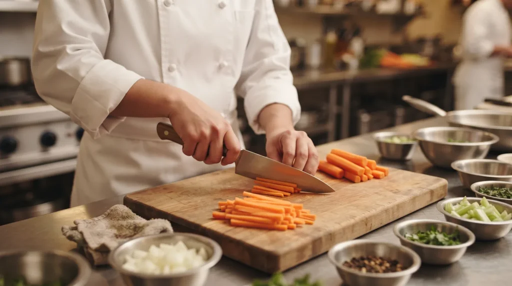 Estudiante practicando corte en juliana en su primer semestre de gastronomía
