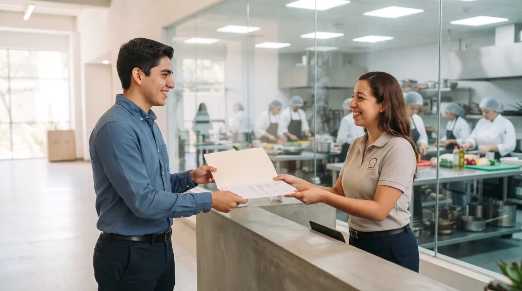 Aspirante entregando sus documentos de inscripción en admisiones