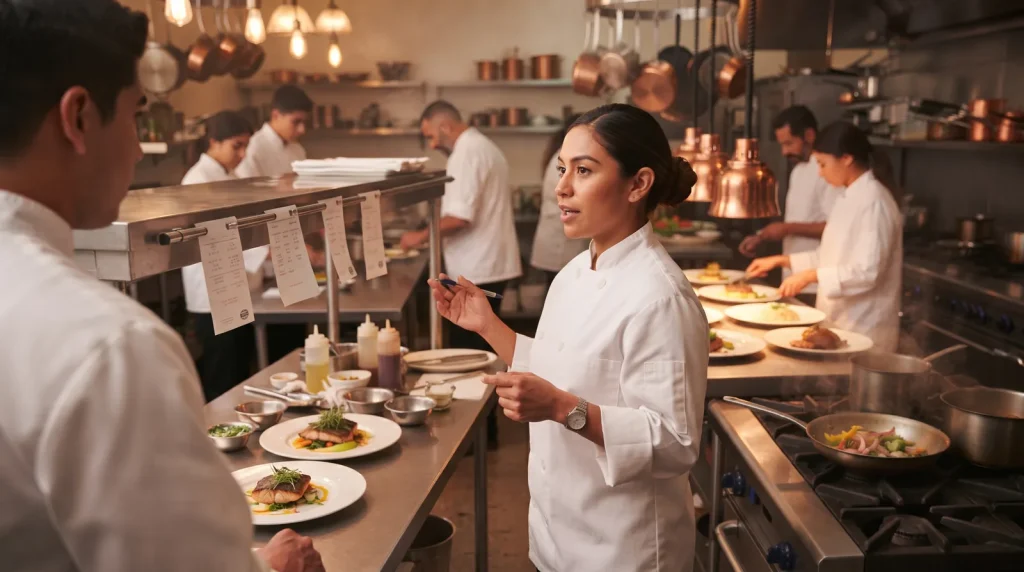 Sous chef checking tickets at the kitchen pass