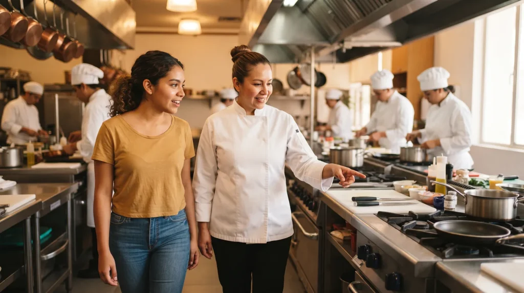 Prospective student touring a culinary school kitchen with a chef instructor